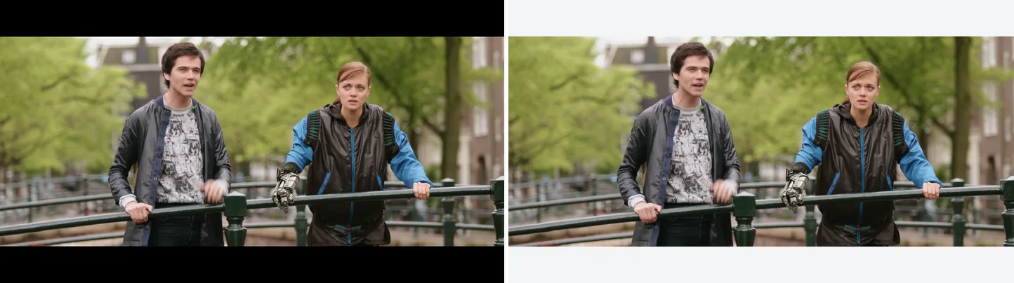 Removing black bars, before and after. Left has letterbox bars top and bottom; right has them cropped away