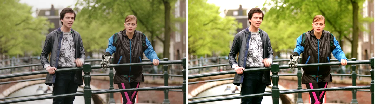 Before and after the eq filter. Left is the untouched frame; right has brightness=0.10, contrast=1.35 and saturation=1.6 applied, making it brighter and more saturated